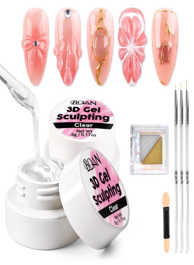 BQAN 3D Sculpting Gel Nail Art Kit - Clear No Wipe Gel 2Pcs 0.17oz, 3 Liner Brushes & Chrome Powder for Professional DIY Salon Quality Manicure Designs - Image 1